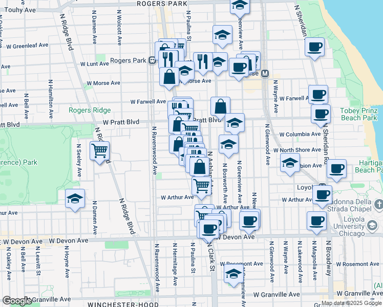map of restaurants, bars, coffee shops, grocery stores, and more near 6647 North Clark Street in Chicago