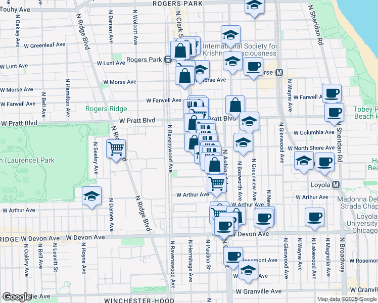 map of restaurants, bars, coffee shops, grocery stores, and more near 1720 West Wallen Avenue in Chicago
