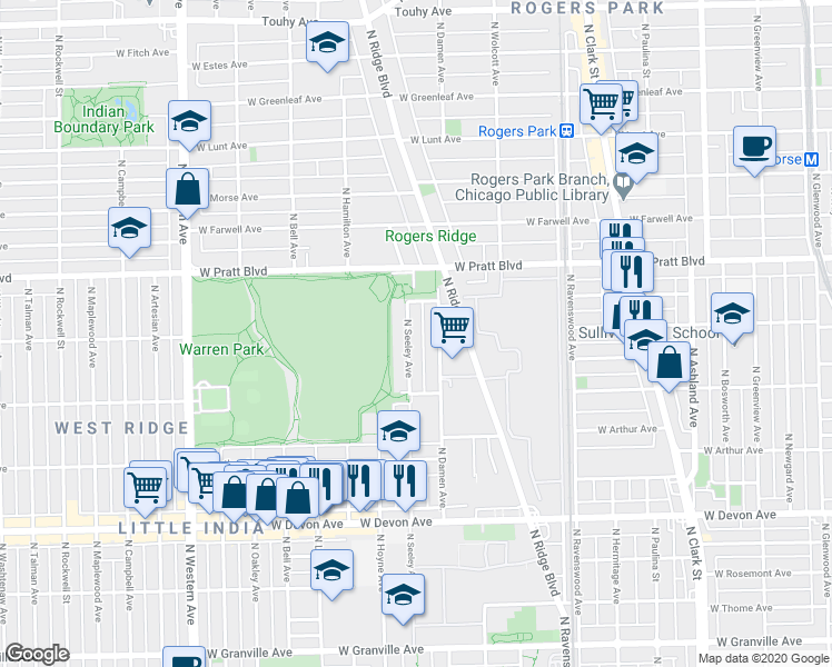 map of restaurants, bars, coffee shops, grocery stores, and more near 6649 North Seeley Avenue in Chicago