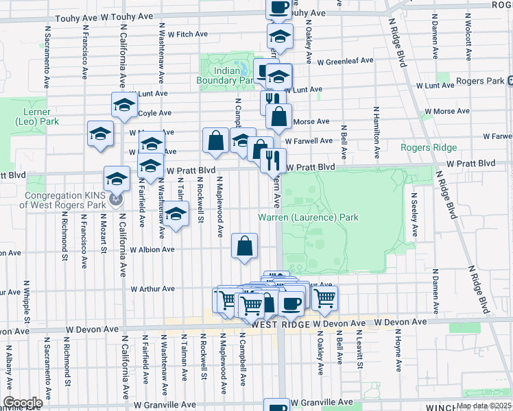 map of restaurants, bars, coffee shops, grocery stores, and more near 6654 North Artesian Avenue in Chicago