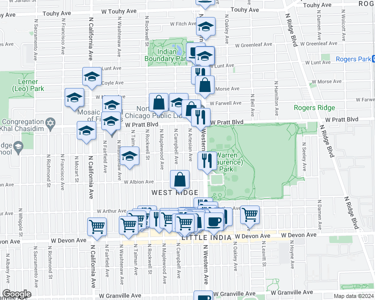 map of restaurants, bars, coffee shops, grocery stores, and more near 6654 North Artesian Avenue in Chicago