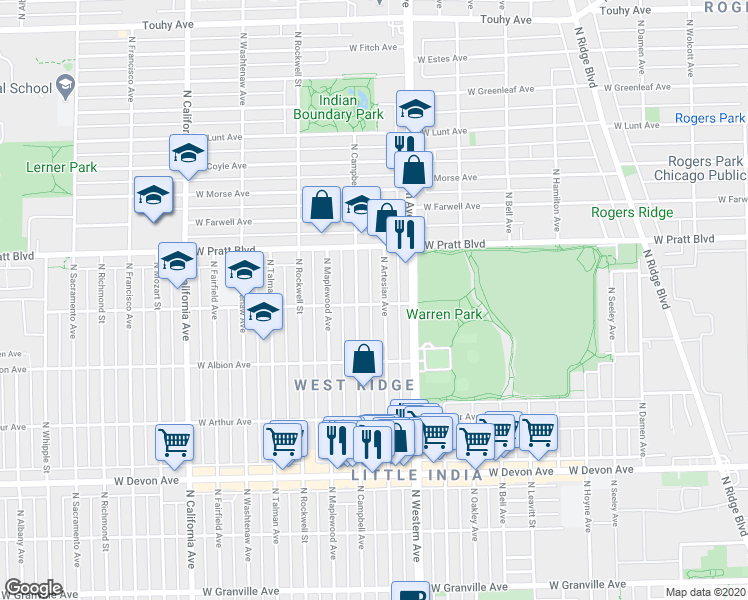 map of restaurants, bars, coffee shops, grocery stores, and more near 6654 North Artesian Avenue in Chicago