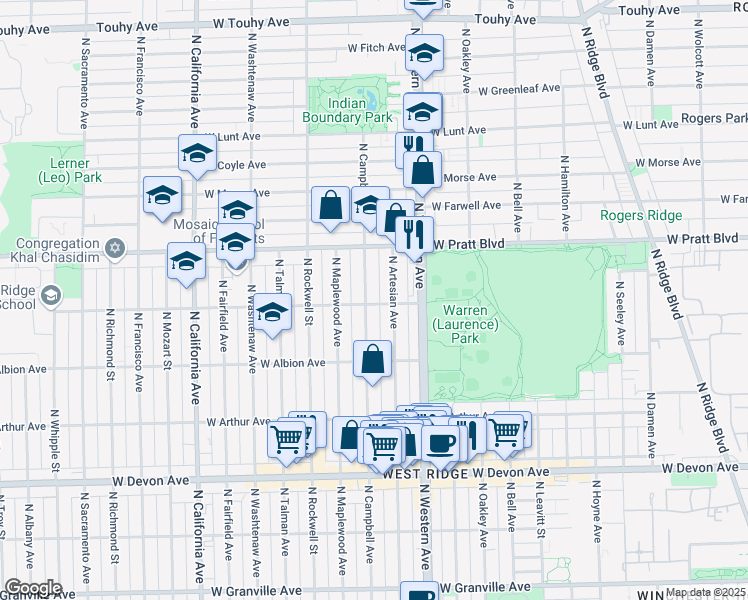 map of restaurants, bars, coffee shops, grocery stores, and more near 6654 North Artesian Avenue in Chicago