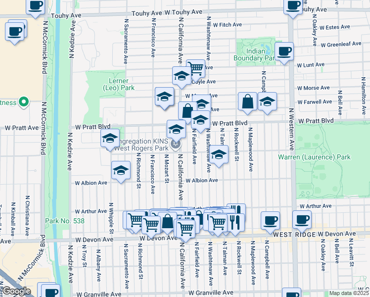 map of restaurants, bars, coffee shops, grocery stores, and more near 6658 North Fairfield Avenue in Chicago