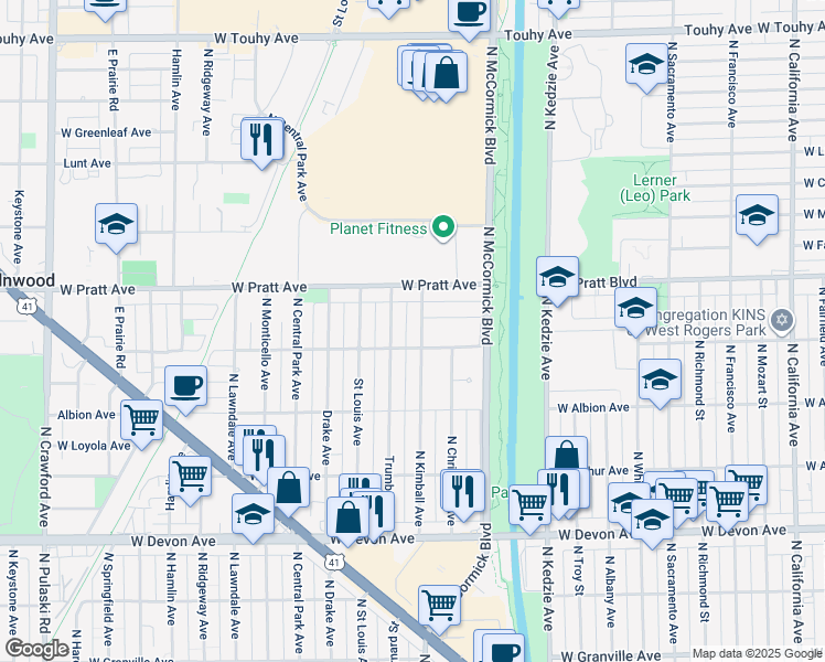 map of restaurants, bars, coffee shops, grocery stores, and more near 3360 West North Shore Avenue in Lincolnwood