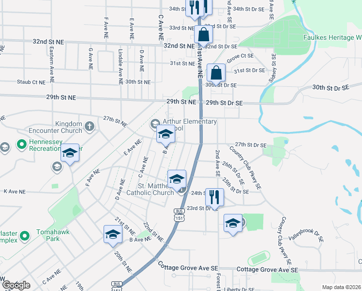 map of restaurants, bars, coffee shops, grocery stores, and more near 2608 A Avenue Northeast in Cedar Rapids