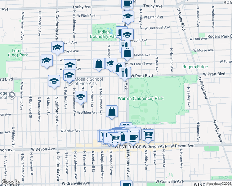 map of restaurants, bars, coffee shops, grocery stores, and more near 6654 North Artesian Avenue in Chicago