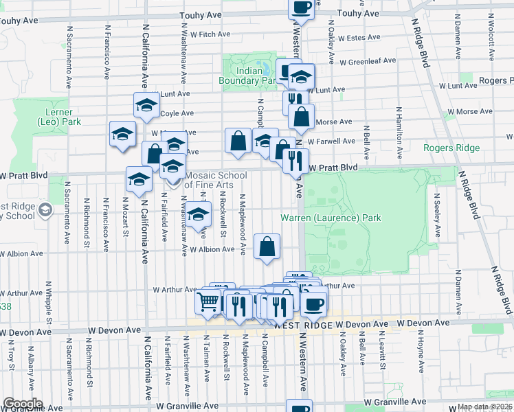 map of restaurants, bars, coffee shops, grocery stores, and more near 2508 West North Shore Avenue in Chicago