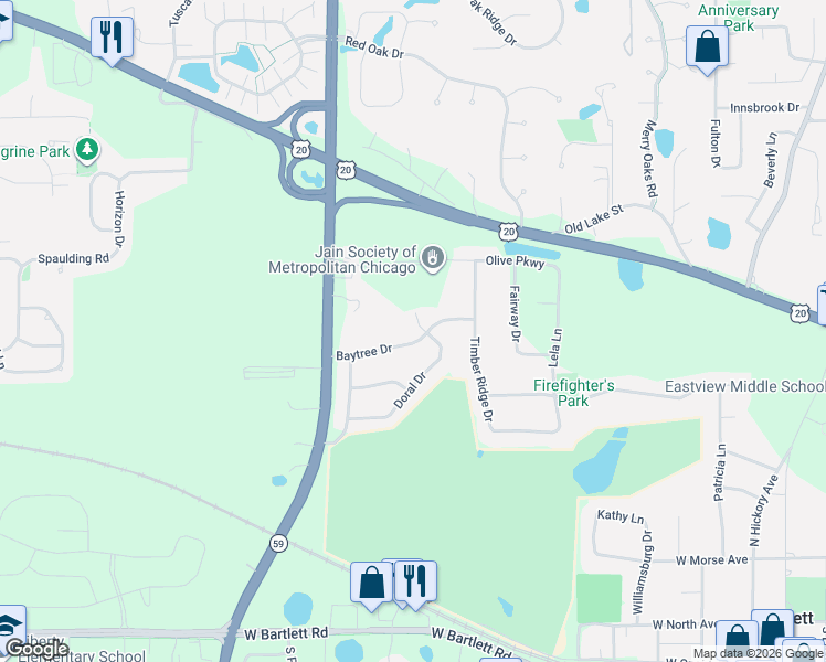 map of restaurants, bars, coffee shops, grocery stores, and more near 930 Baytree Drive in Bartlett