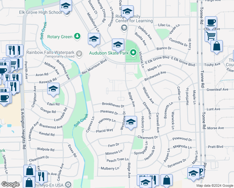 map of restaurants, bars, coffee shops, grocery stores, and more near 918 Ridge Square in Elk Grove Village