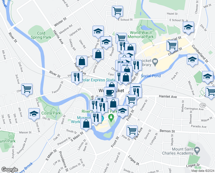 map of restaurants, bars, coffee shops, grocery stores, and more near 134 High Street in Woonsocket