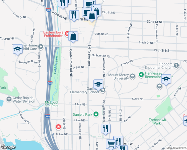 map of restaurants, bars, coffee shops, grocery stores, and more near 1416 Oakland Road Northeast in Cedar Rapids