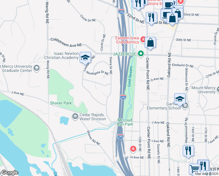 map of restaurants, bars, coffee shops, grocery stores, and more near 1420 Sierra Drive Northeast in Cedar Rapids