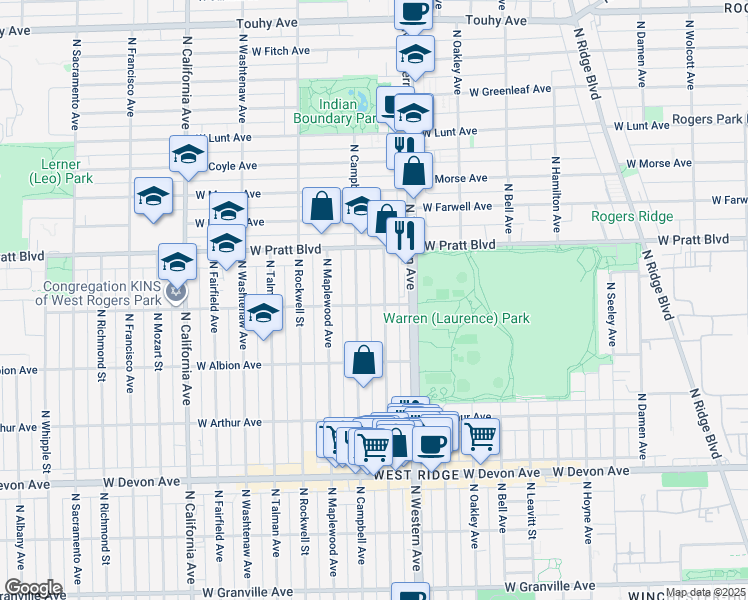 map of restaurants, bars, coffee shops, grocery stores, and more near 2442 West North Shore Avenue in Chicago