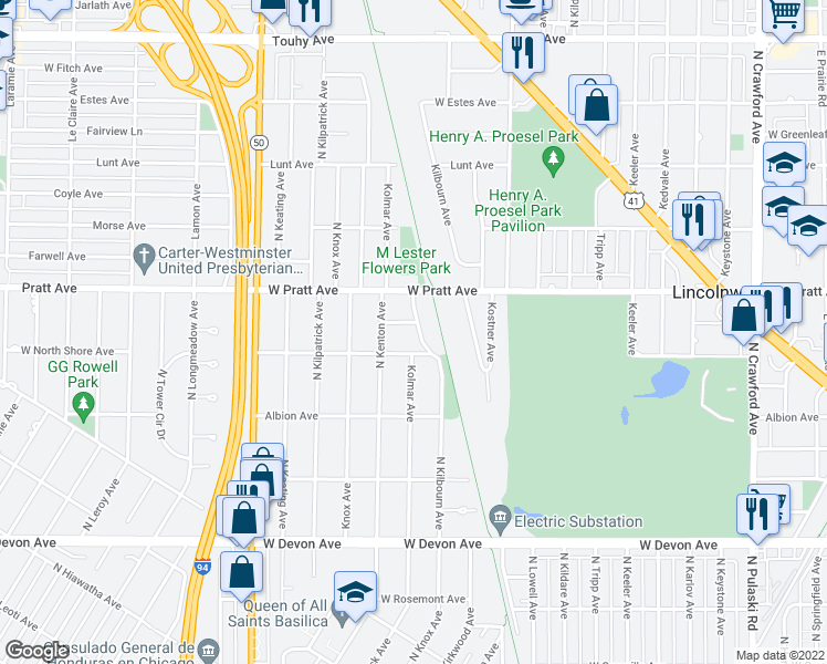 map of restaurants, bars, coffee shops, grocery stores, and more near 4540 West North Shore Avenue in Lincolnwood