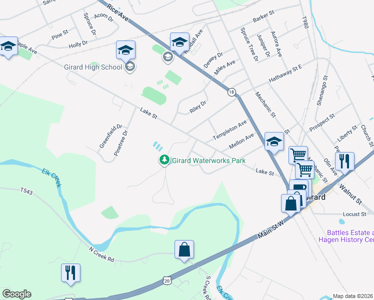 map of restaurants, bars, coffee shops, grocery stores, and more near 541 Kibler Drive in Girard