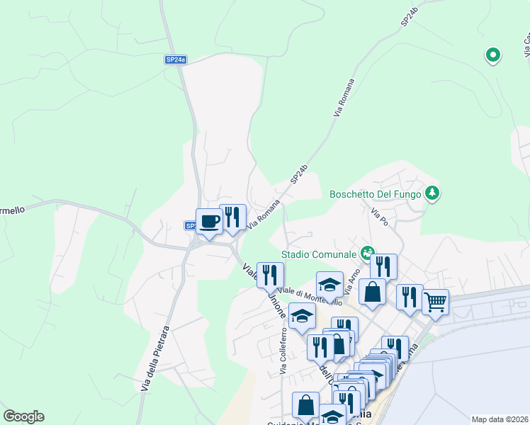 map of restaurants, bars, coffee shops, grocery stores, and more near 26 Via San Luigi Gonzaga in Guidonia Montecelio