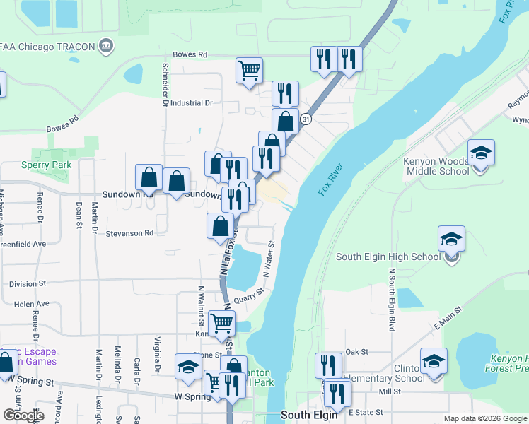 map of restaurants, bars, coffee shops, grocery stores, and more near 126 Melrose Court in South Elgin