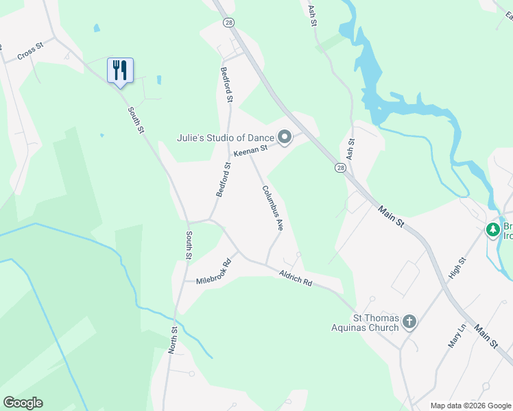 map of restaurants, bars, coffee shops, grocery stores, and more near 14 Aldrich Road in West Bridgewater