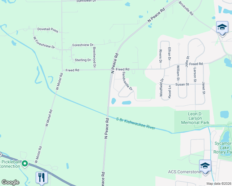 map of restaurants, bars, coffee shops, grocery stores, and more near 1457 Beach Lane in Sycamore