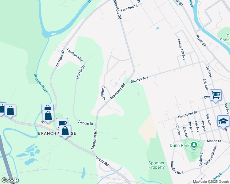 map of restaurants, bars, coffee shops, grocery stores, and more near 431 Mendon Road in North Smithfield