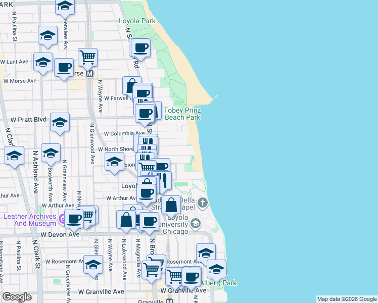 map of restaurants, bars, coffee shops, grocery stores, and more near 1039 West North Shore Avenue in Chicago