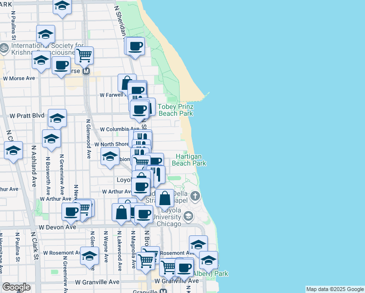 map of restaurants, bars, coffee shops, grocery stores, and more near 1029 West North Shore Avenue in Chicago