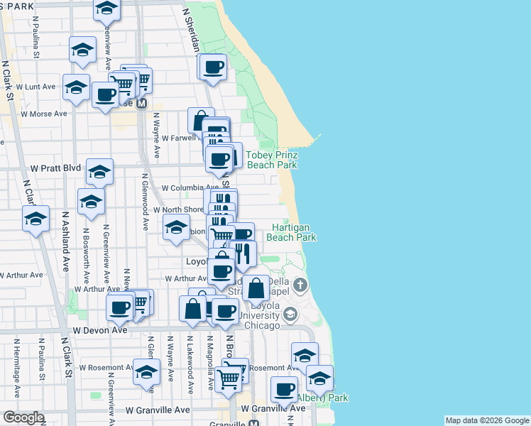 map of restaurants, bars, coffee shops, grocery stores, and more near 1060 West Albion Avenue in Chicago