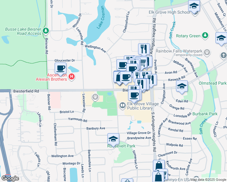 map of restaurants, bars, coffee shops, grocery stores, and more near 901 Wellington Avenue in Elk Grove Village