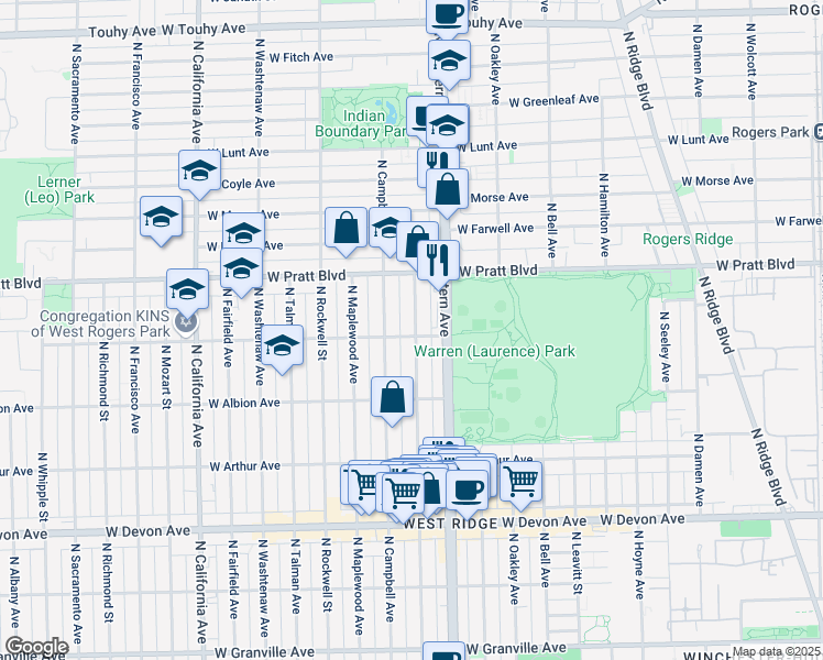 map of restaurants, bars, coffee shops, grocery stores, and more near 6654 North Artesian Avenue in Chicago