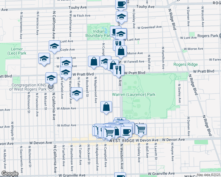 map of restaurants, bars, coffee shops, grocery stores, and more near 6702 North Artesian Avenue in Chicago