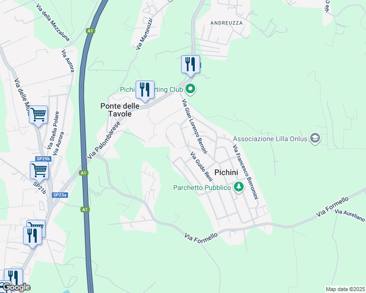 map of restaurants, bars, coffee shops, grocery stores, and more near 4 Via Amedeo Modigliani in Pichini