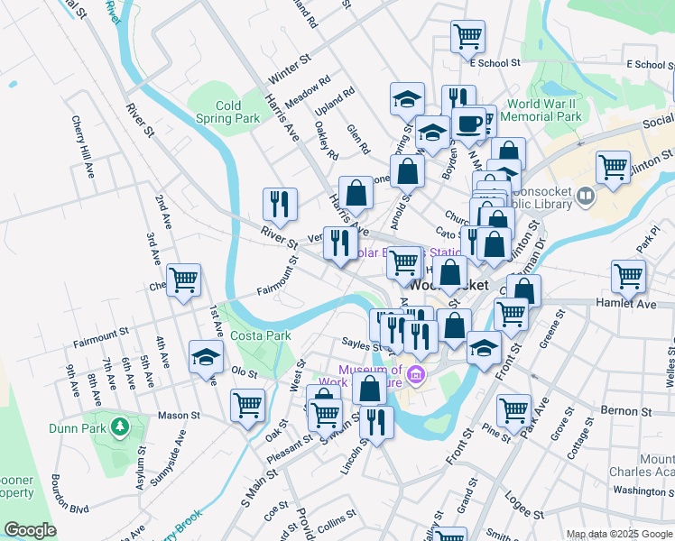 map of restaurants, bars, coffee shops, grocery stores, and more near 109 Water Street in Woonsocket