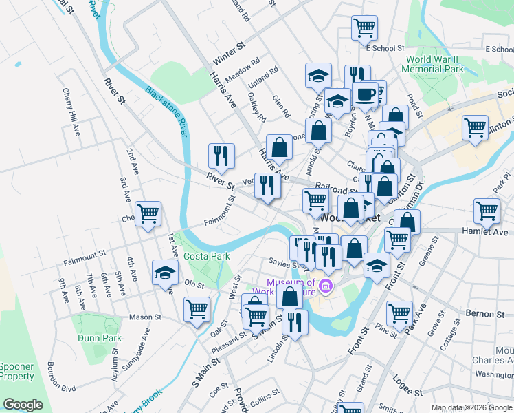 map of restaurants, bars, coffee shops, grocery stores, and more near 109 Water Street in Woonsocket