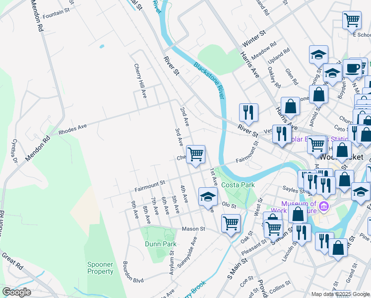 map of restaurants, bars, coffee shops, grocery stores, and more near 133 Chestnut Street in Woonsocket