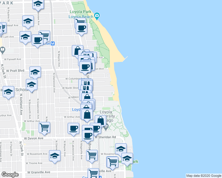 map of restaurants, bars, coffee shops, grocery stores, and more near 1029 West North Shore Avenue in Chicago