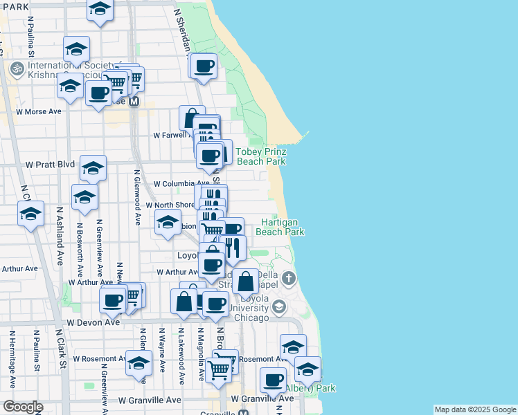map of restaurants, bars, coffee shops, grocery stores, and more near 1060 West Albion Avenue in Chicago
