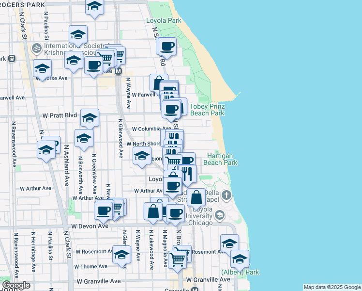 map of restaurants, bars, coffee shops, grocery stores, and more near 1132 West Albion Avenue in Chicago