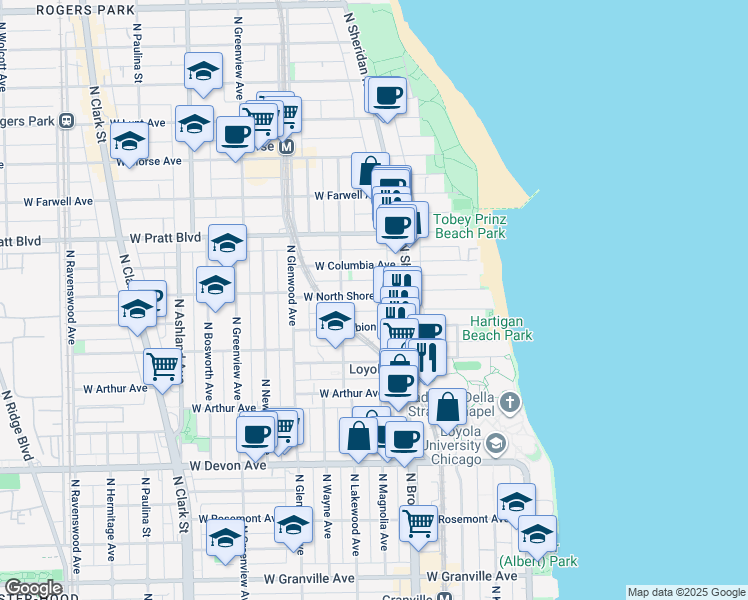 map of restaurants, bars, coffee shops, grocery stores, and more near 6610 North Sheridan Road in Chicago