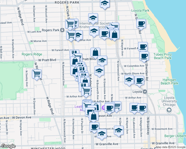 map of restaurants, bars, coffee shops, grocery stores, and more near 6645 North Ashland Avenue in Chicago
