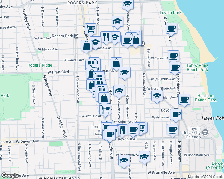 map of restaurants, bars, coffee shops, grocery stores, and more near 6645 North Ashland Avenue in Chicago
