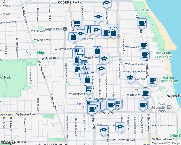map of restaurants, bars, coffee shops, grocery stores, and more near 6645 North Ashland Avenue in Chicago