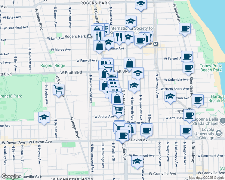 map of restaurants, bars, coffee shops, grocery stores, and more near 6647 North Clark Street in Chicago
