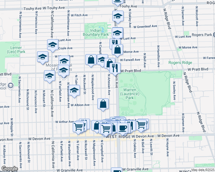 map of restaurants, bars, coffee shops, grocery stores, and more near 2437 West North Shore Avenue in Chicago