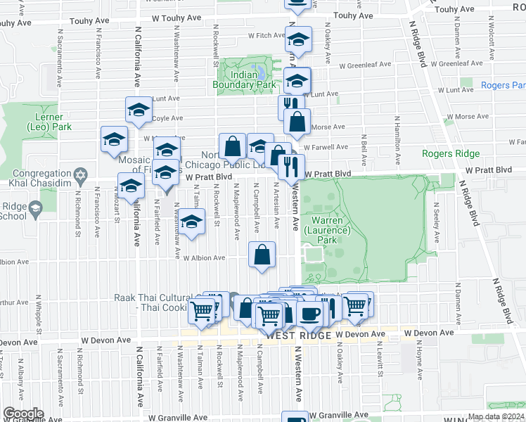 map of restaurants, bars, coffee shops, grocery stores, and more near 6654 North Artesian Avenue in Chicago