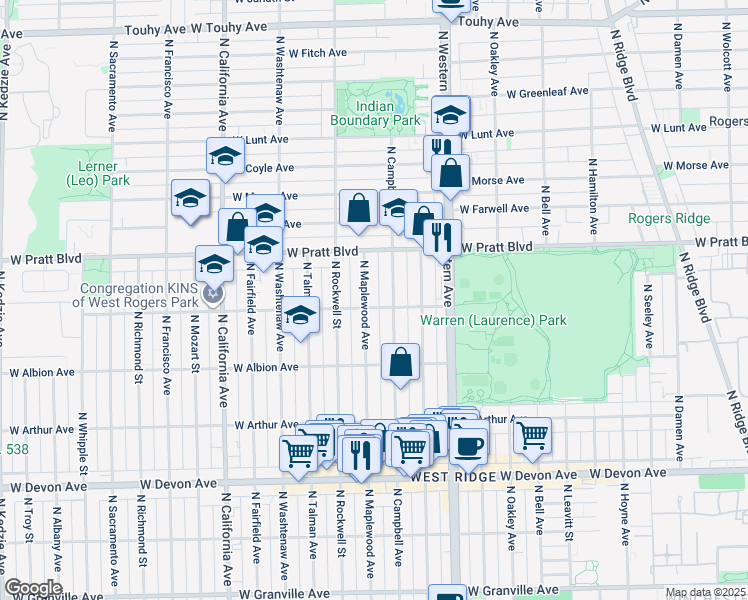 map of restaurants, bars, coffee shops, grocery stores, and more near 2503 West North Shore Avenue in Chicago