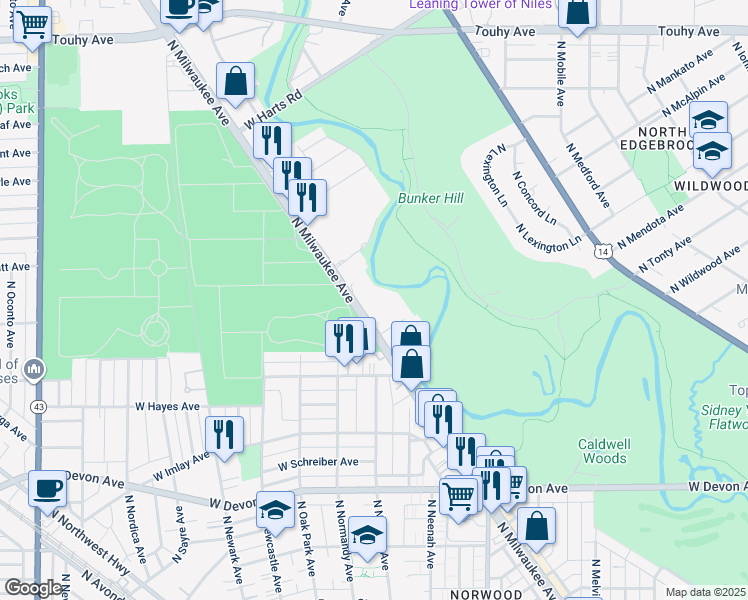 map of restaurants, bars, coffee shops, grocery stores, and more near 6633 North Milwaukee Avenue in Niles