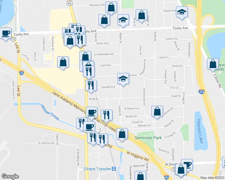 map of restaurants, bars, coffee shops, grocery stores, and more near 1770 Pratt Street in Des Plaines