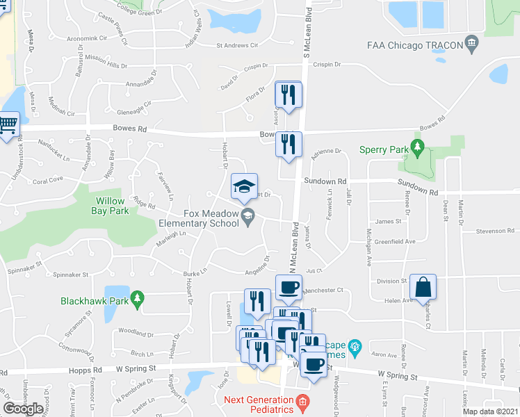 map of restaurants, bars, coffee shops, grocery stores, and more near 1254a Jenna Drive in South Elgin