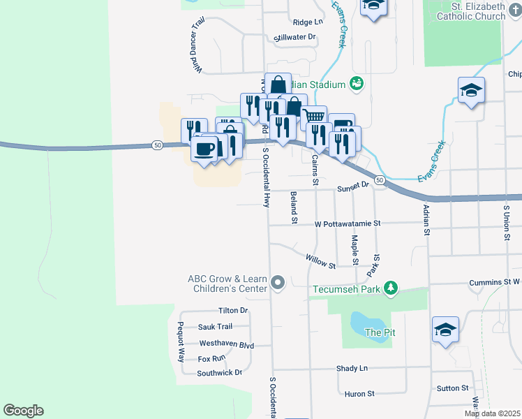 map of restaurants, bars, coffee shops, grocery stores, and more near 1301 Southwestern Drive in Tecumseh